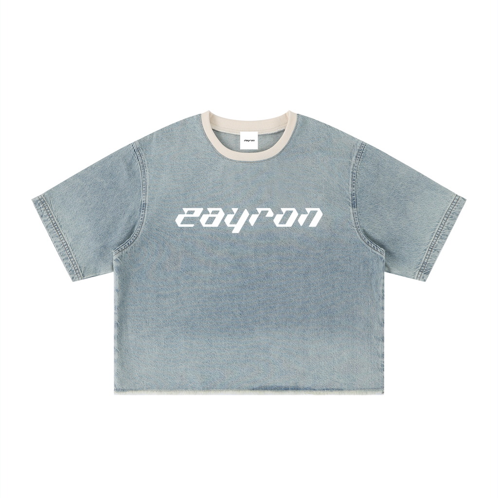 Unisex Vintage Wash Boxy Raw Hem Denim T-Shirt