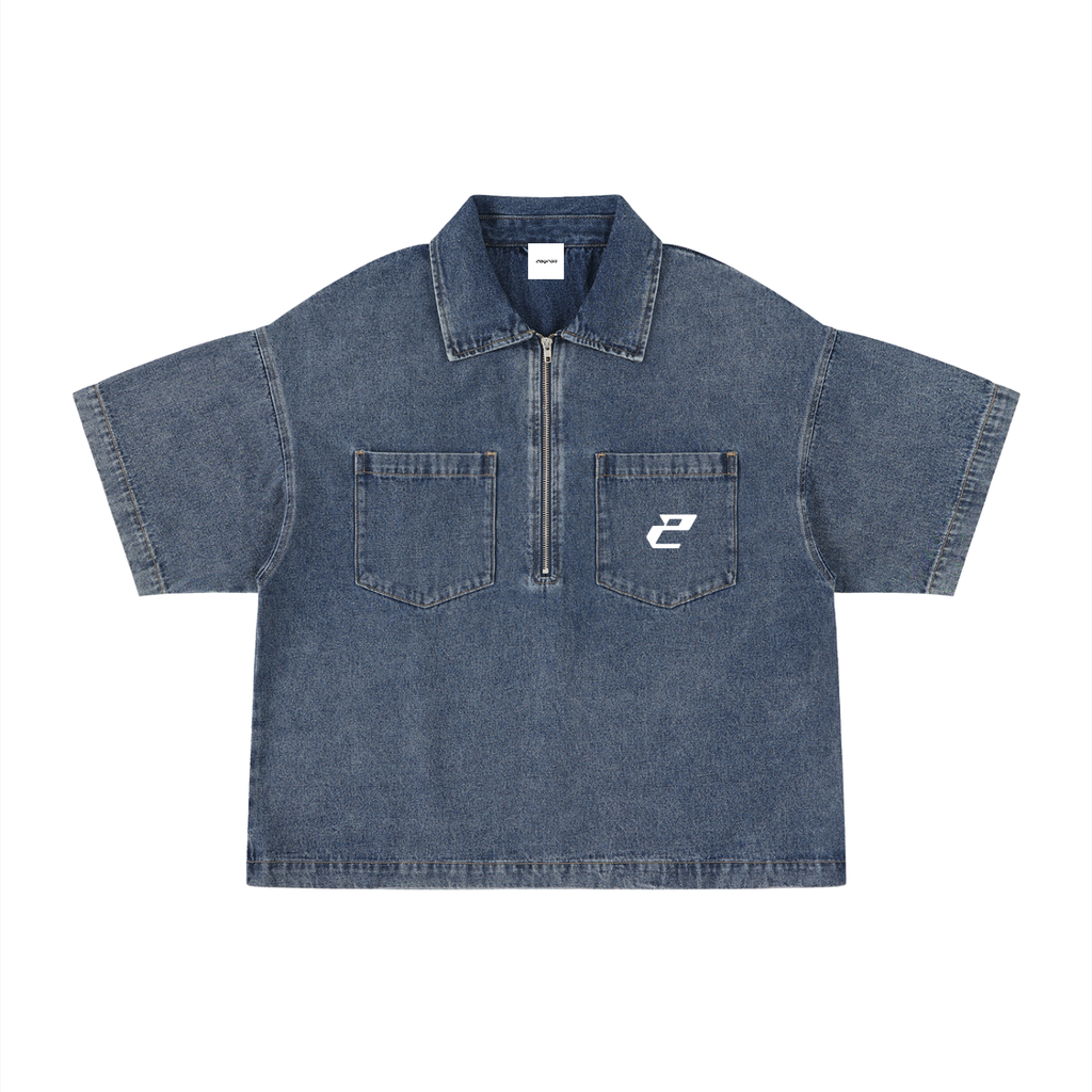 Unisex Vintage Wash Boxy Quarter-Zip Denim