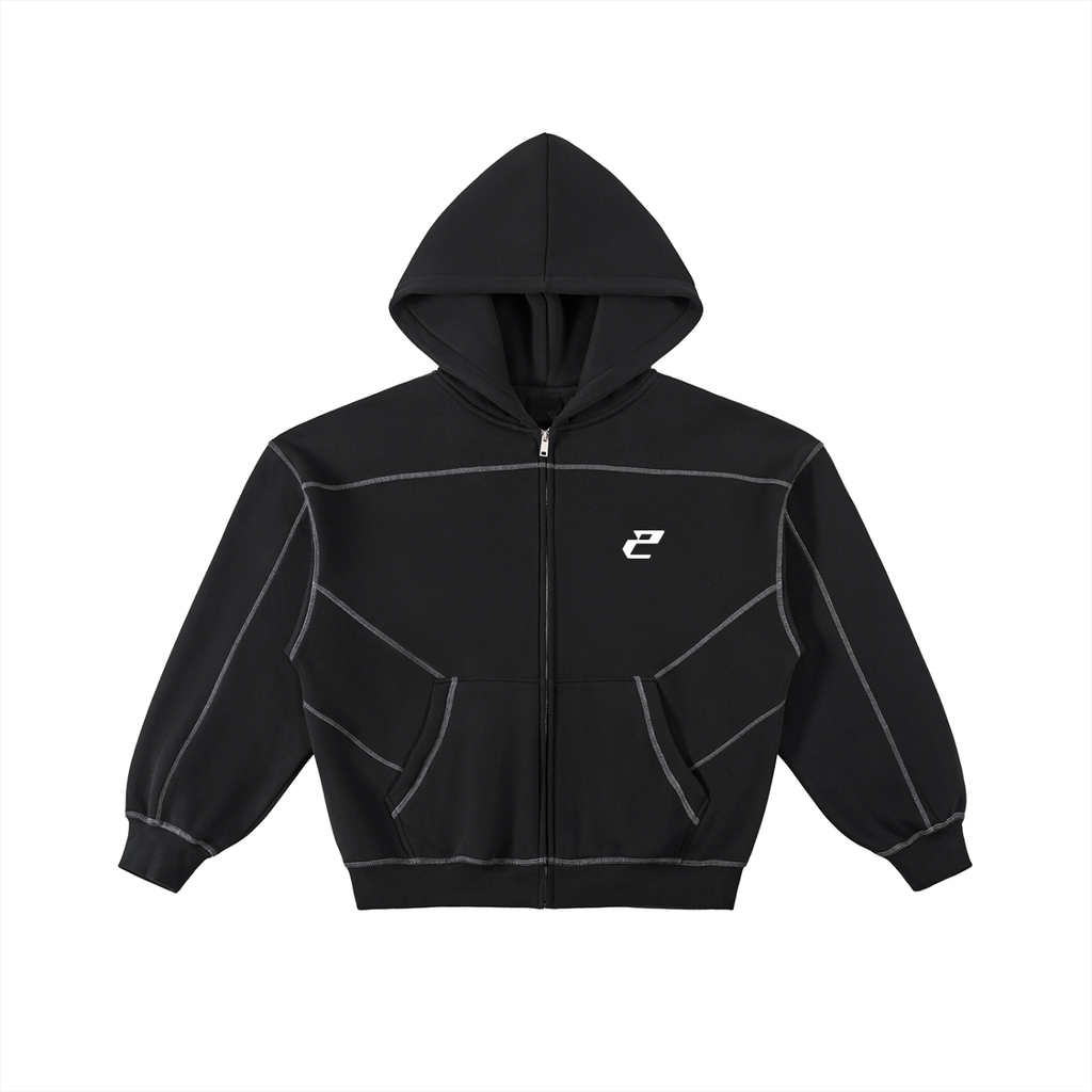 Contrast-Stitched Boxy Fleece Zip Hoodie